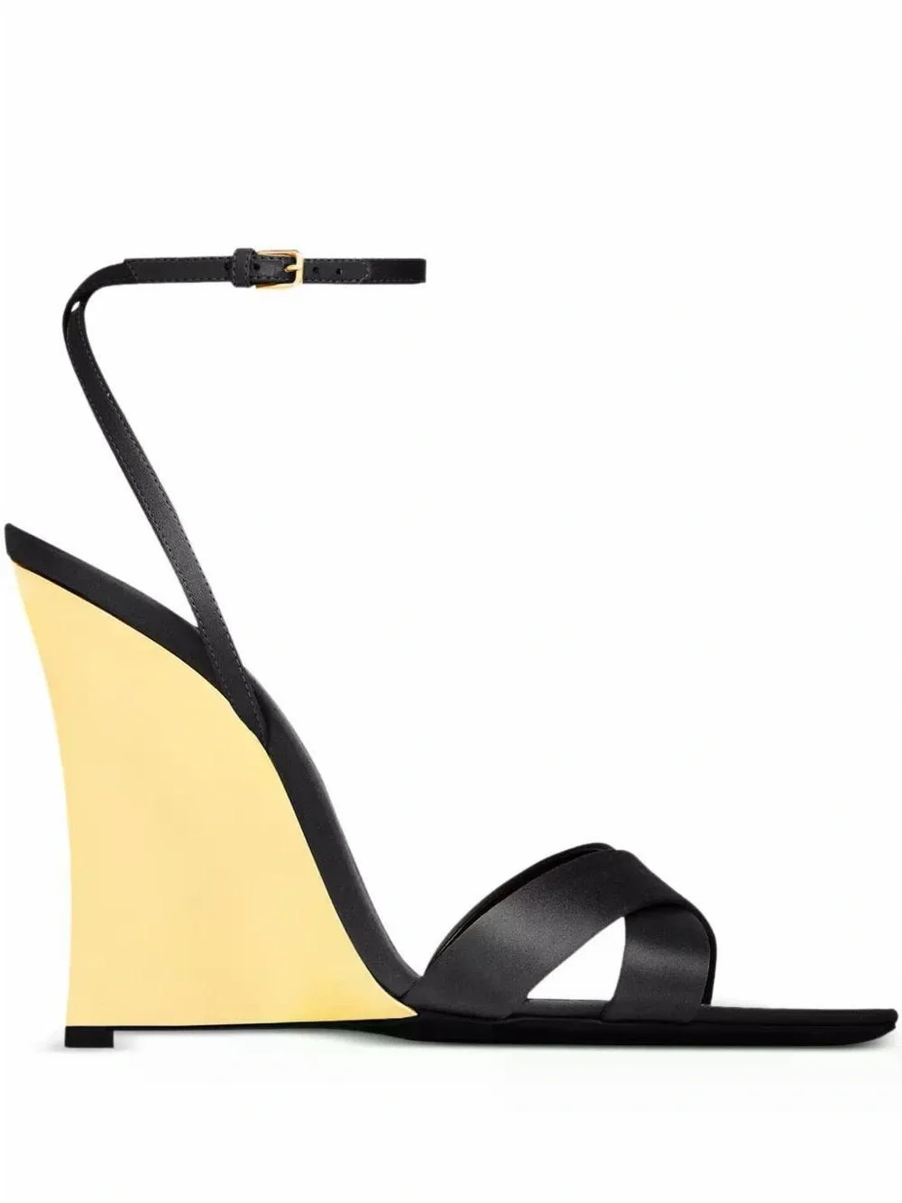 Yves Saint Laurent Black Strappy Wedge Sandals with Nude Wedge